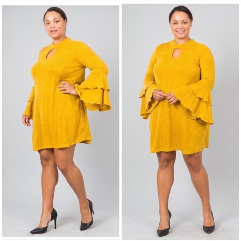 Mustard Yellow Bell Sleeve Knee Length Dress Keyhole Sweater Dress 2xl 3xl - Picture 6 of 11